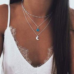 TseanYi Opal Moonstone Necklace Choker Silver Boho Layered Horn Necklaces Chain Satellite Chain Clavicle Necklace Jewelry for Women and Girls