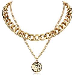 FAMARINE Gold Choker Layered Necklace for Women 4MM, Fashion Geometric Pandent 2 Layered Necklaces for Teen Girls Gift, 18K Gold Plated