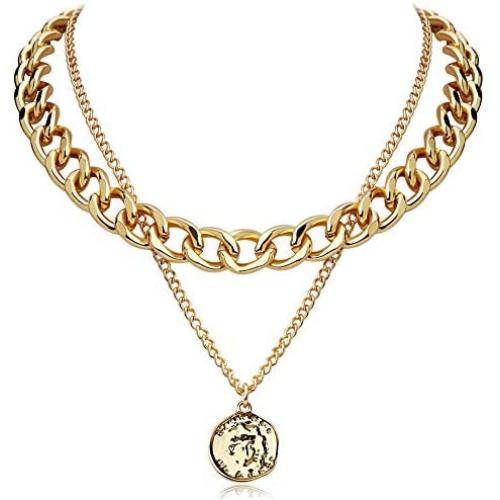 FAMARINE Gold Choker Layered Necklace for Women 4MM, Fashion Geometric Pandent 2 Layered Necklaces for Teen Girls Gift, 18K Gold Plated