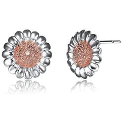 Sterling Silver Two-Tone CZ Sunflower Necklace and Earring Jewelry Set for Women