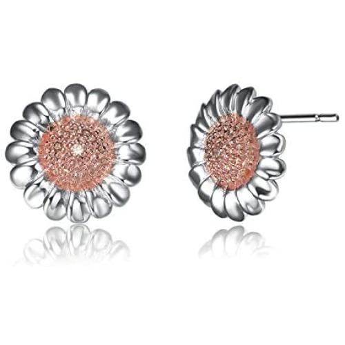 Sterling Silver Two-Tone CZ Sunflower Necklace and Earring Jewelry Set for Women