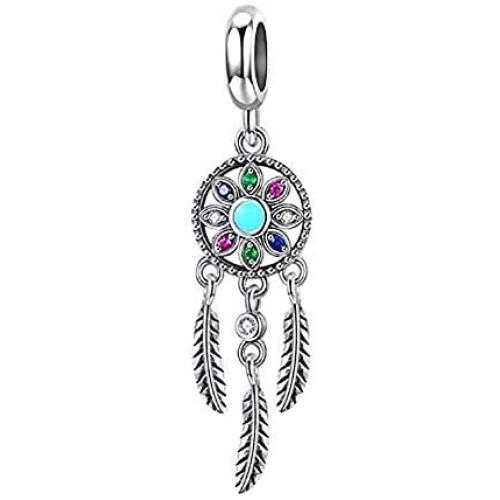 ABAOLA Dream Catcher Dangle 925 Sterling Silver Charm Feather Beads for Fashion Charms Bracelet & Necklace