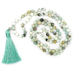 Larimar Accessories Mala Beads 108, 8mm Prayer Malas, All Natural A-1 Beaded Gemstones, Beaded Silk Tassel Necklace, Mens Crystal Healing Bead Jewelry