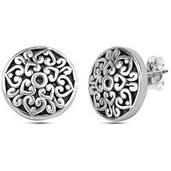 LeCalla Sterling Silver Jewelry Light Weight Antique Round Large Filigree Cut Stud Earring for Women