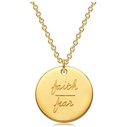 LUIWIN Inspirational Disc Necklace 14K Gold Plated Simple Engraved Hand Stamped Round Pendant Necklace Jewelry Gift for Women Girls 15 mm Disc,18'' + 2'' ext …