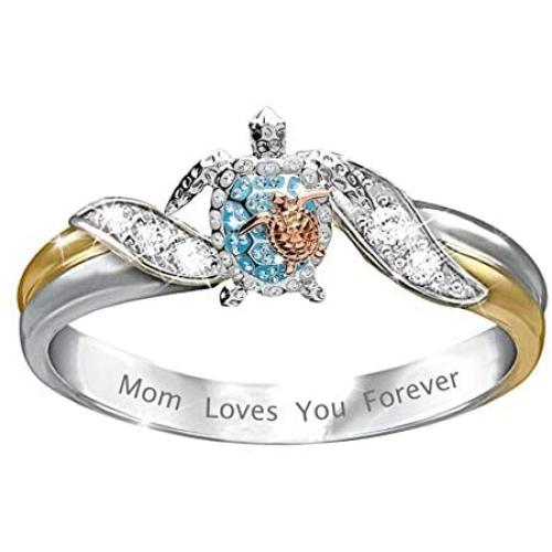 Animal Turtle Ring Crystal Zirconia Mom Loves You Forever Turtle Statement Ring for Women Girls Mother Day Birthday Gift Jewelry Size 5 6 7 8 9 10