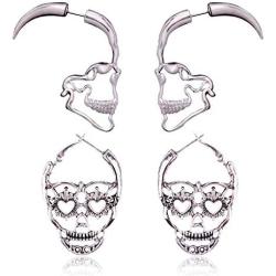Hollow Skull Face Earrings Pink Hoop Stud Earrings for Women Man Punk Biker Skull Earrings for Men Halloween Jewelry Set -2 Piars…