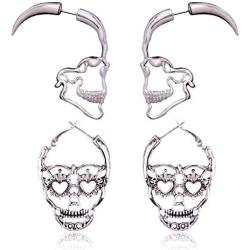 Hollow Skull Face Earrings Pink Hoop Stud Earrings for Women Man Punk Biker Skull Earrings for Men Halloween Jewelry Set -2 Piars…