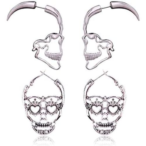 Hollow Skull Face Earrings Pink Hoop Stud Earrings for Women Man Punk Biker Skull Earrings for Men Halloween Jewelry Set -2 Piars…