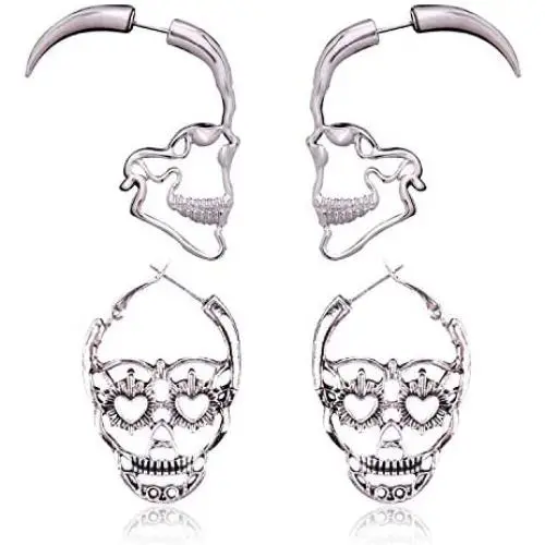 Hollow Skull Face Earrings Pink Hoop Stud Earrings for Women Man Punk Biker Skull Earrings for Men Halloween Jewelry Set -2 Piars…