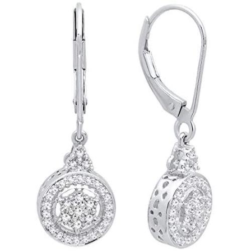 0.15 Carat (ctw) Round White Diamond Ladies Cluster Style Drop Earrings, Sterling Silver