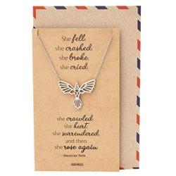 Quan Jewelry Phoenix Pendant Women Necklace, Bird Charm with Motivational Quote Card, Silver-tone - 100% Handmade