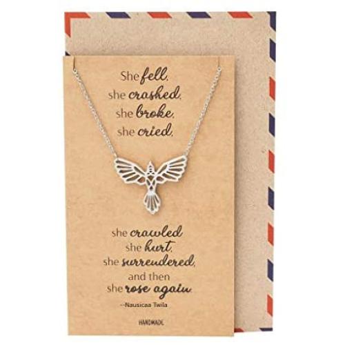 Quan Jewelry Phoenix Pendant Women Necklace, Bird Charm with Motivational Quote Card, Silver-tone - 100% Handmade