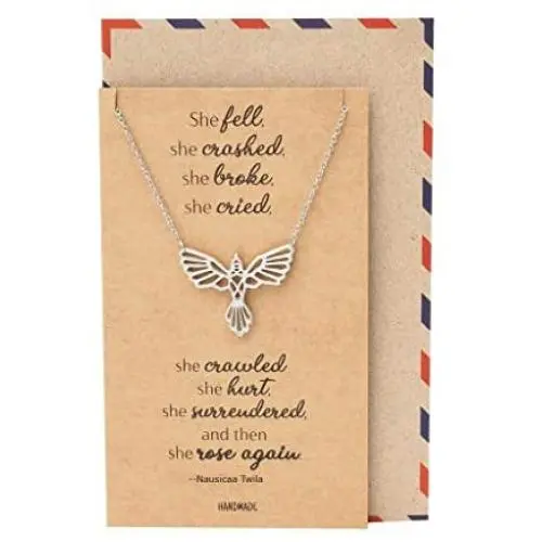 Quan Jewelry Phoenix Pendant Women Necklace, Bird Charm with Motivational Quote Card, Silver-tone - 100% Handmade