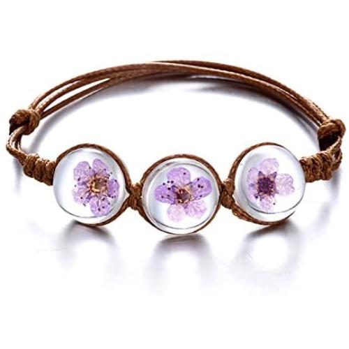 Rinhoo Handmade Dry Pressed Flower Cherry Blossom Gemstone Glass Cover Charms Adjustable Rope Strand Bangle Bracelet Women Girls Jewelry