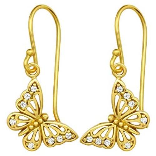 AUBE JEWELRY Hypoallergenic 14K Gold Plated 925 Sterling Silver Butterfly Dangle Earrings Adorned with Cubic Zirconia for Women