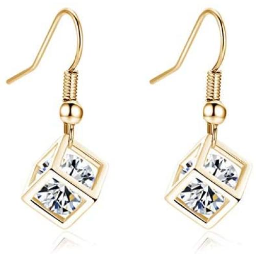 coadipress Mini Cube Earrings and Necklace Set for Women Girls Personalized Gold Silver Magic 3D Rubik Cube Crystal Zircon Dangle Drop Earrings Gift Jewelry