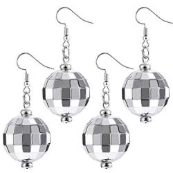 Tatuo 2 Pairs of Disco Ball Earrings 60s or 70s Silver Disco Ball Earrings for Women