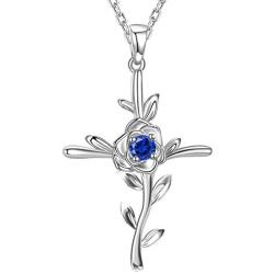 Blue Sapphire Necklace Birthday Gifts Mom Wife Love Rose Flower Necklace Hope Leaves Jewelry September Birthstone Sterling Silver