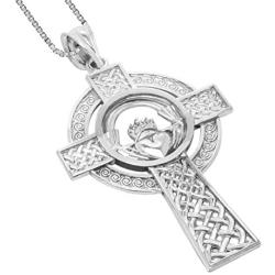 Honolulu Jewelry Company Sterling Silver Claddagh Celtic Cross Pendant with 18'' Box Chain