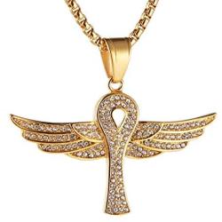 Asalways Stainless Steel Gold-Plated Coptic Ankh Cross Necklace Ancient Egypt Cross Angel Wing Pendant