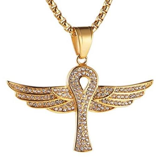 Asalways Stainless Steel Gold-Plated Coptic Ankh Cross Necklace Ancient Egypt Cross Angel Wing Pendant