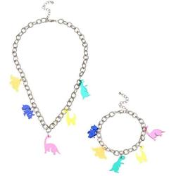 Pingyongchang Transparent Colorful Acrylic Dinosaur Pendant Choker Rainbow Colors Dinosaurs Necklaces Bracelet Set Resin Dinosaur Charms Neckalce Jewelry Set for Women Girls Harajuku Jewelry