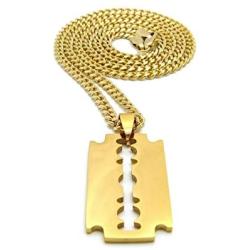 Shiny Jewelers USA Mens Hip Hop Polished Razor Blade Pendant 24'' Box Rope Cuban Chain Necklace