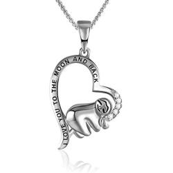 Grecia White Gold Plated Sloth Necklace for Women I Love You to The Moon and Back Love Heart Pendant Gift for Her, Jewelry for Girlfriend, Wife, Sister, Grandma, Mom