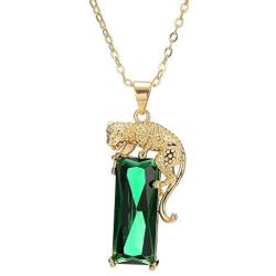 QEPOL Fashion 14K Gold Plated Green Crystal Leopard Pendant Necklace, Women Mens Hip Hop Punk Created Emerald Panther Necklace Jewelry Gifts