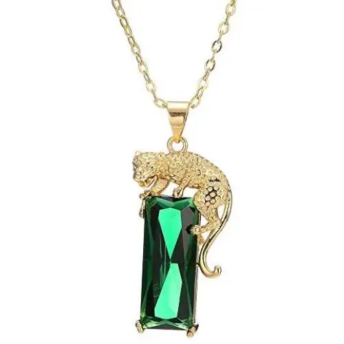 QEPOL Fashion 14K Gold Plated Green Crystal Leopard Pendant Necklace, Women Mens Hip Hop Punk Created Emerald Panther Necklace Jewelry Gifts