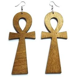 Teris Boutique Symbol Of Life Anka Ankh Cross Wood Wooden Fashion Jewelry Women Fish Hook Dangle Earrings