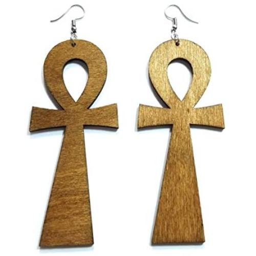 Teris Boutique Symbol Of Life Anka Ankh Cross Wood Wooden Fashion Jewelry Women Fish Hook Dangle Earrings