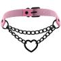 FM FM42 PU Simulated Leather Black-Tone/Silver-Tone Gothic Punk Heart Ring Cuban Curb Link Chain Adjustable Neckband Collar Choker (16 Colors)