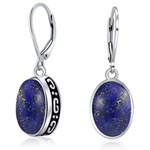 Boho Bali Indonesian Style Oval Leverback Drop Dangle Earrings For Women 925 Sterling Silver Semi Precious gemstone Birthstone Colors