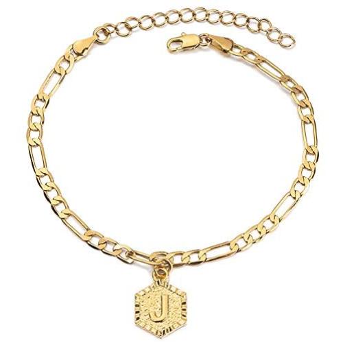 kelistom Initial Charm 5mm Wide Figaro Chain 18K Gold Plated Bracelet for Women Men Teen Girls Boys 26 Letters Alphabets Friendship Bracelets with Extension