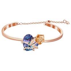 AOBOCO Sterling Silver Blue Purple Rose Flower Heart Bangle Bracelet Embellished with Crystals from Austria, Fine Anniversary Birthday Rose Flower Jewelry Gifts for Wife Girlfriend Daughter Mom