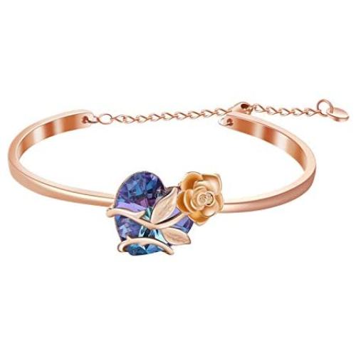 AOBOCO Sterling Silver Blue Purple Rose Flower Heart Bangle Bracelet Embellished with Crystals from Austria, Fine Anniversary Birthday Rose Flower Jewelry Gifts for Wife Girlfriend Daughter Mom