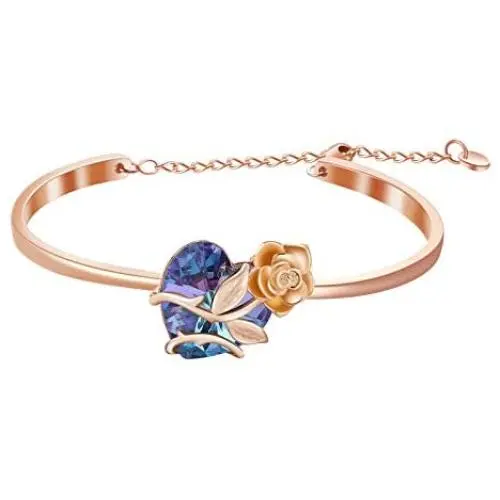 AOBOCO Sterling Silver Blue Purple Rose Flower Heart Bangle Bracelet Embellished with Crystals from Austria, Fine Anniversary Birthday Rose Flower Jewelry Gifts for Wife Girlfriend Daughter Mom