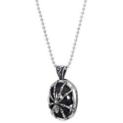COOLSTEELANDBEYOND Mens Womens Steel Vintage Spider Skull Oval Pendant Necklace, Silver Black, 30 inches Ball Chain