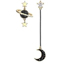 Moon And Star Earrings For Women Girls Sterling Silver Hypoallergenic Sensitive Ears Dangling Cubic Zirconia Dangle Stud Earrings Jackets Drop Asymmetry Long Gold/Black Boho S925 Kpop