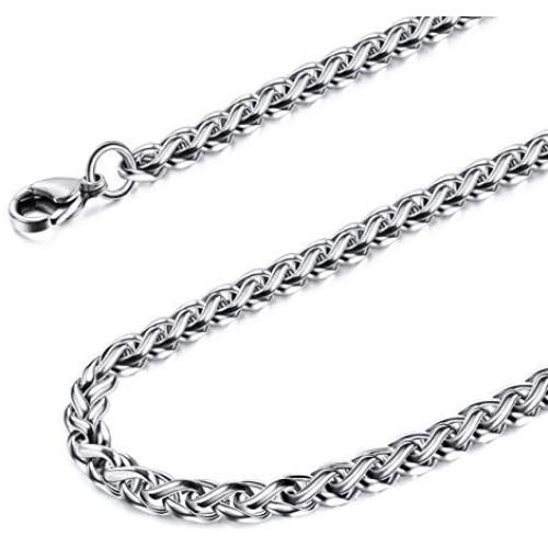 MOWOM Silver Color Cuban Link Chain Necklace Water Resistant Mens Stainless Steel Necklace for Women Men Boys Girls Kids Thin Wheat Necklace Chain with Gift Bag (4mm Wide, 14-40 Inches Long)