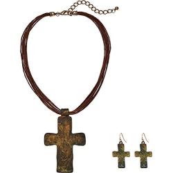 M&F Western Womens Multi Leather w/Large Patina Cross Necklace/Earrings Set