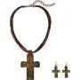 M&F Western Womens Multi Leather w/Large Patina Cross Necklace/Earrings Set