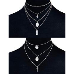 ORAZIO 2PCS Layered Choker Necklaces for Women Tag Coin Cross Crucifix Blessed Virgin Mary Pendant Necklace Chain Silver Tone Gold Tone