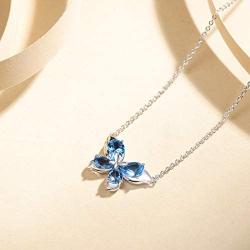 FANCIME Sterling Silver Butterfly Necklace September Birthstone Blue Cubic Zirconia Created Sapphire Dainty Pendant Fine Jewelry for Women Girls 16''+2''