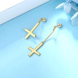 Inverted Cross Earrings Solid 925 Sterling Silver Gold Plated Women Men Unisex Upside-Down Cross Dangle Earrings Stud Satanic Statement Earrings Best Birthday