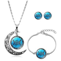 BELUCKIN Triple Moon Goddess Pendant Necklace Earring Beacelet Set Pentacle Wiccan Jewelry for Women