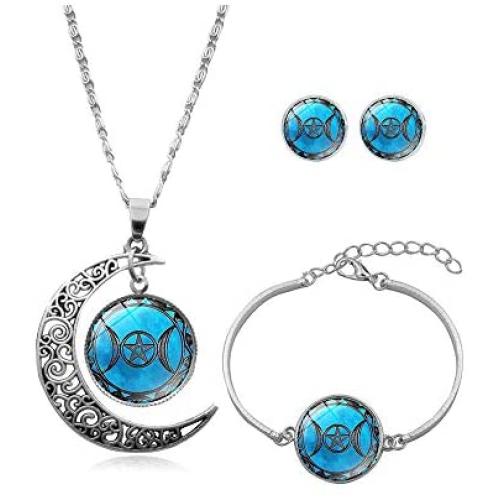 BELUCKIN Triple Moon Goddess Pendant Necklace Earring Beacelet Set Pentacle Wiccan Jewelry for Women