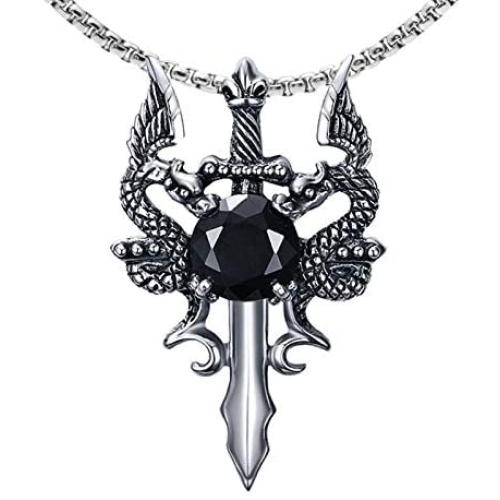 Xusamss Punk Titanium Steel Wing Dragon Crystal Pendant Sword Necklace,24inches Link Chain